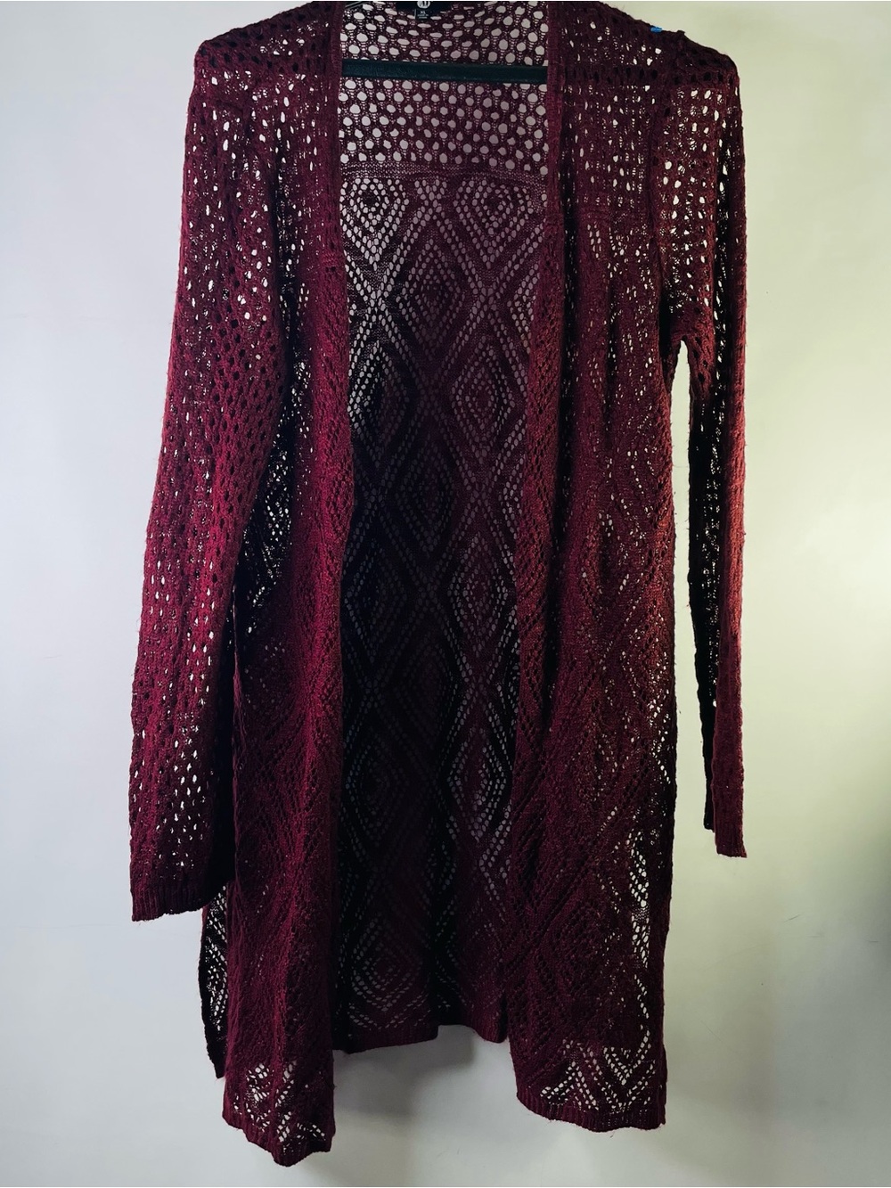 Open-Front Burgundy Crochet Knit Cardigan Crochet Diamond Pattern XL